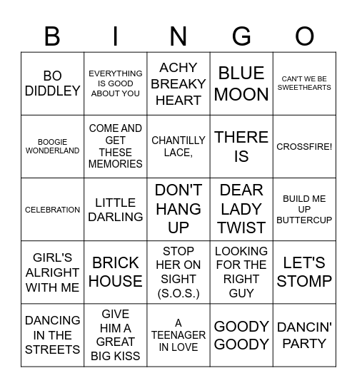 Music Bingo #37 - DANCE WITH ME Bingo Card