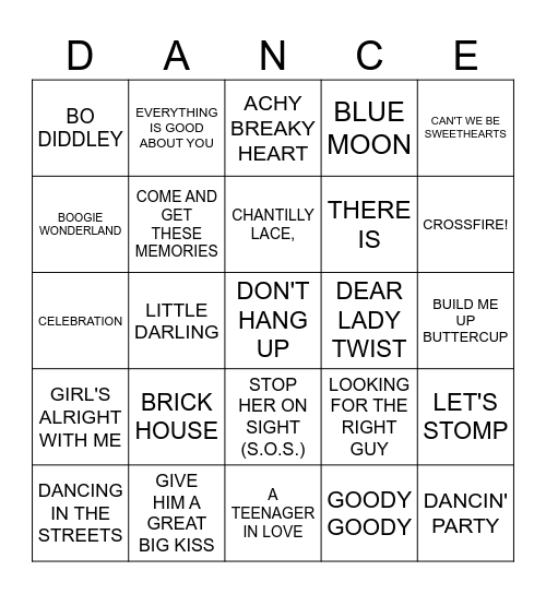 Music Bingo 37 - Dance With Me Bingo Card