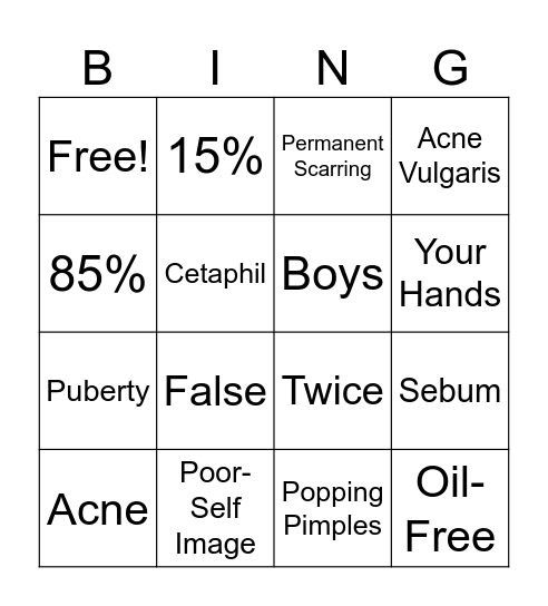 HOSA - health Education - Acne Care Bingo Card