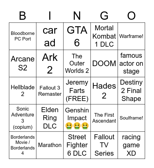 The Game Awards 2023 Bingo Card