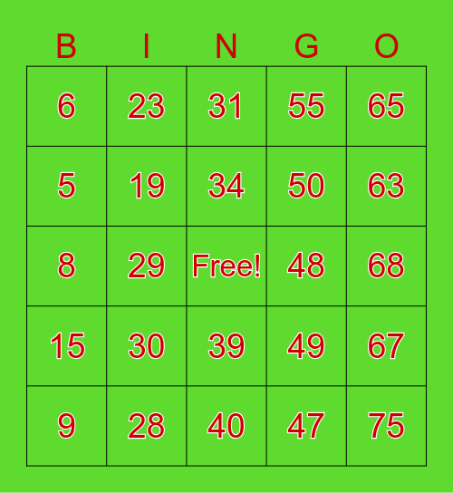 Number Bingo 1-75 Bingo Card