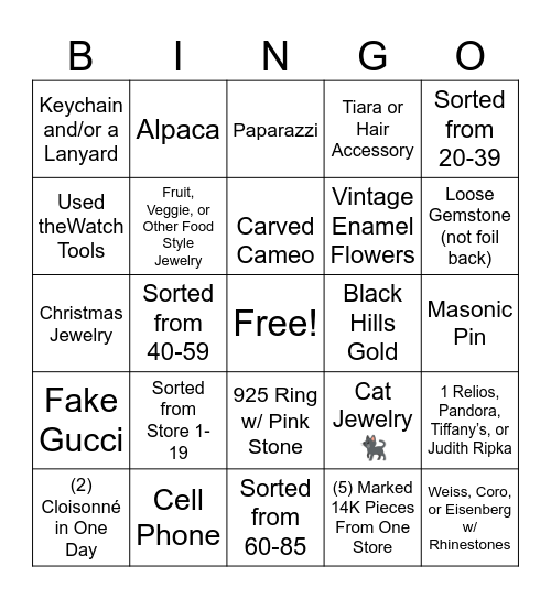 Jewelry Sorters Bingo Card