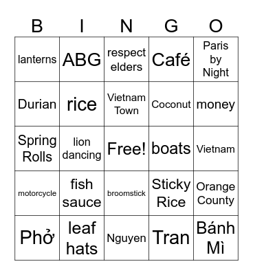 Vietnamese Bingo Card