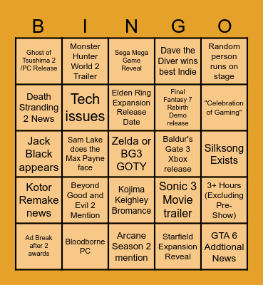 The Game Awards Bingo Card