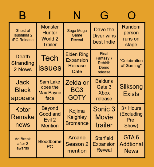 The Game Awards Bingo Card