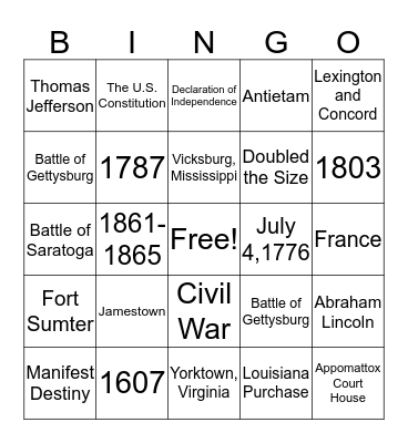 Important Dates/Important Places and Events Bingo Card
