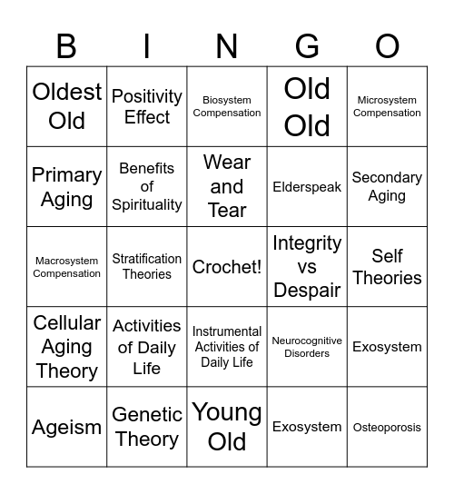 Dev Psych Late Adulthood Fall 2023 2.0 Bingo Card