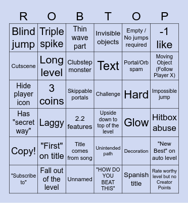 Geometry Dash Bingo (2.1 and 2.2) Bingo Card