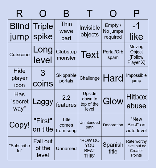Geometry Dash Bingo (2.1 and 2.2) Bingo Card