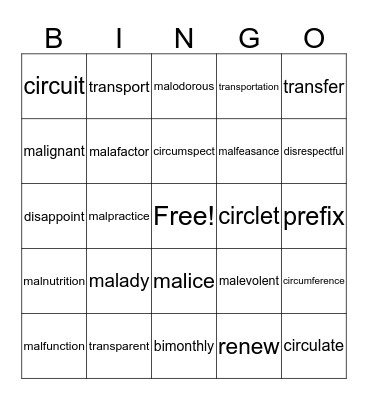 Vocabulary  (mal) Bingo Card