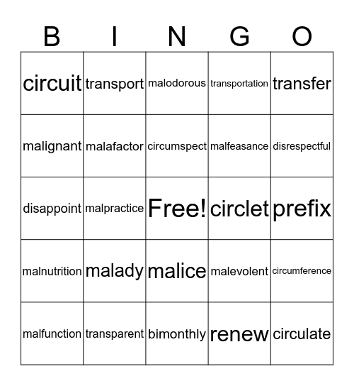 Vocabulary  (mal) Bingo Card