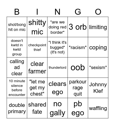 Raid LFG Bingo Card