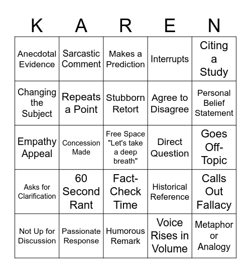 Knowledgeable Argumentative Resolute Emotional Nitpicky Bingo Card