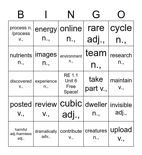 RE 1.1 Vocabulary Unit 6 Bingo Card
