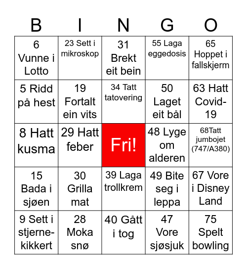 Mental Bingo Quiz Bingo Card