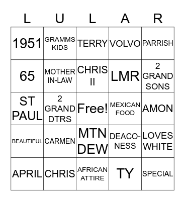 LULA'S 65TH BIRTHDAY BINGO Card