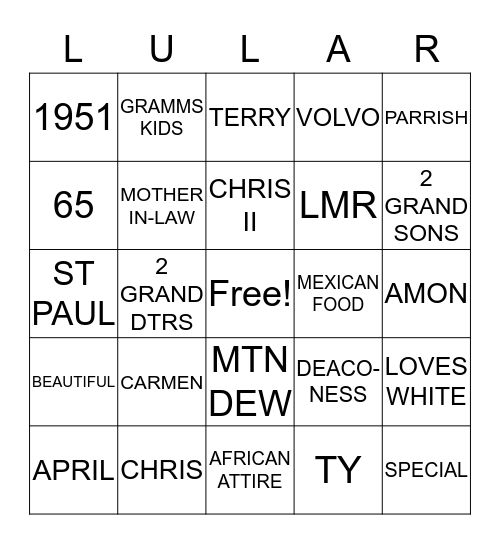 LULA'S 65TH BIRTHDAY BINGO Card