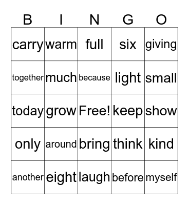 Sight Words Bingo Card