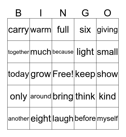 Sight Words Bingo Card
