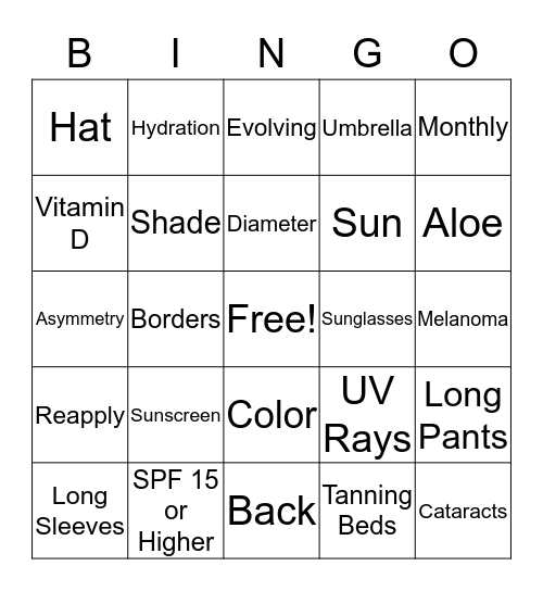 Sun Safety Bingo Card
