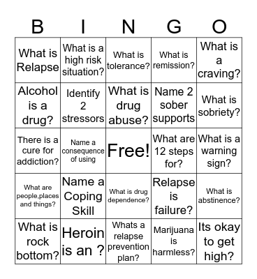 Relapse Prevention Bingo Card