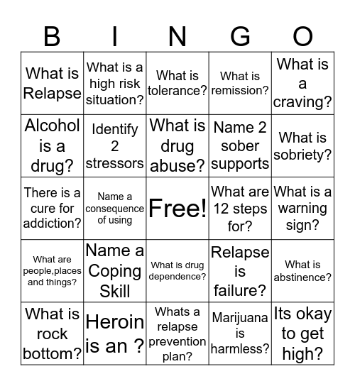Relapse Prevention Bingo Card