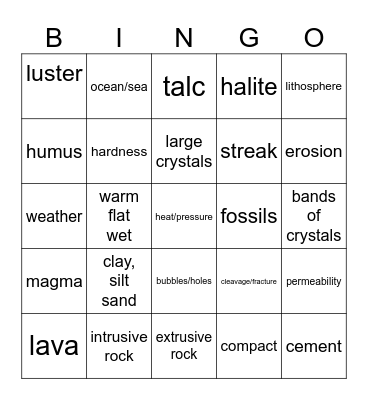 Rocks/Minerals/Soil Bingo Card