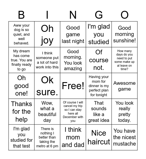 Sarcasm Bingo Card
