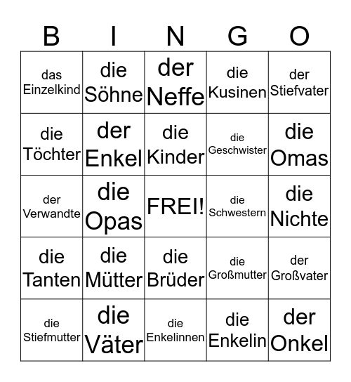 Familienwörter Bingo Card