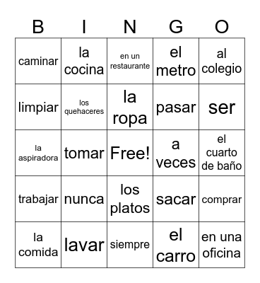 SPN IB Unidad 4 Vocab 1 Bingo Card