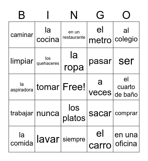 SPN IB Unidad 4 Vocab 1 Bingo Card