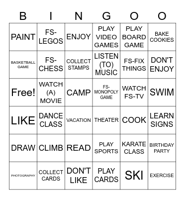 HOBBIES SIGNS Bingo Card