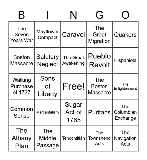 US Midterm Review Bingo Card