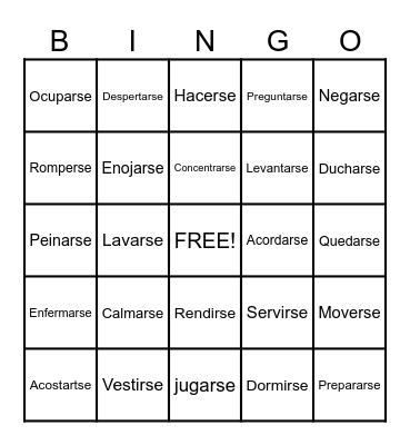 Reflexive Verbs Bingo Card