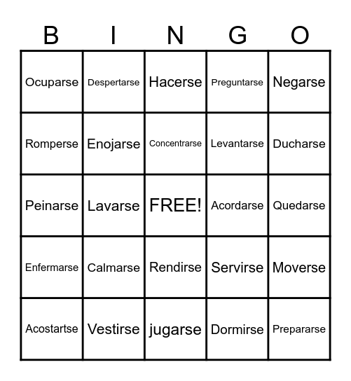 Reflexive Verbs Bingo Card