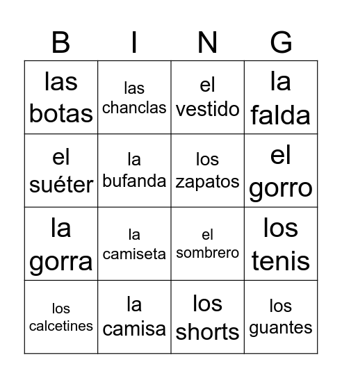 La ropa Bingo Card