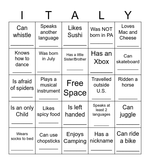 Let's Go to Italy! Bingo Card