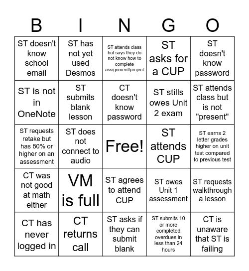 A1 Phone Call Bingo Card