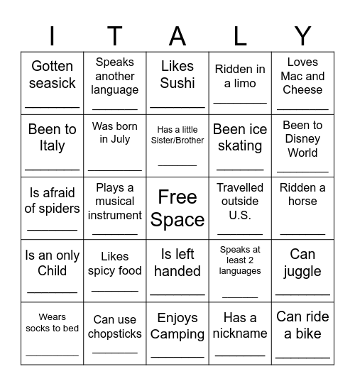 Let's Go to Italy! Bingo Card