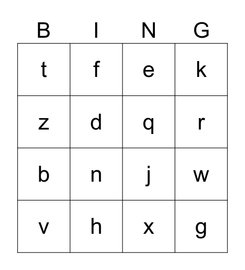 Letters Bingo Card