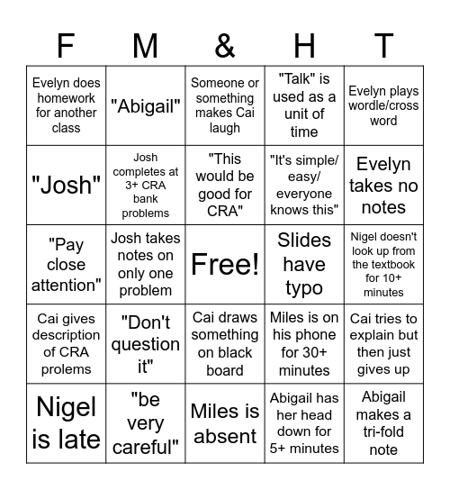 FM&HT Final Weeks Edition Bingo Card