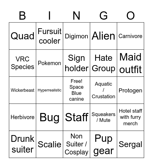 Midwest FurFest Suit Bingo Card