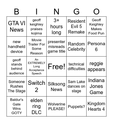 Game Awards bingo card Bingo Card