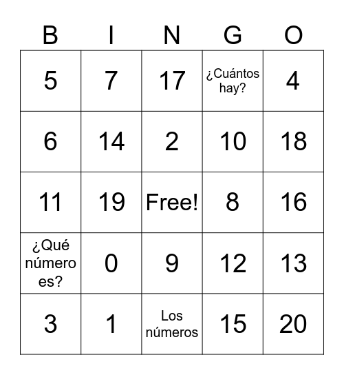 Números 0-20 Bingo Card