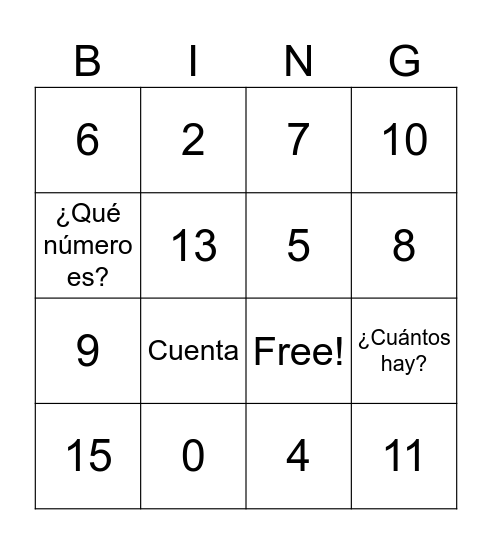 Números 0-15 Bingo Card