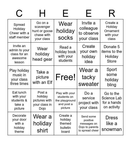 Hyatt Park Holiday Cheer Bingo Card
