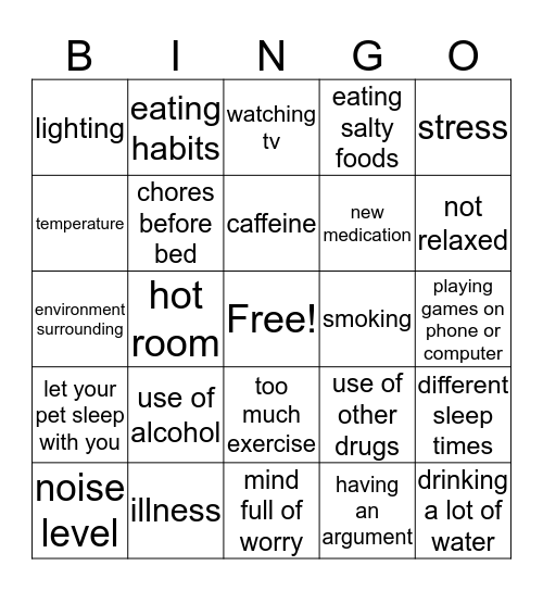 Sleep Hygiene Bingo Card