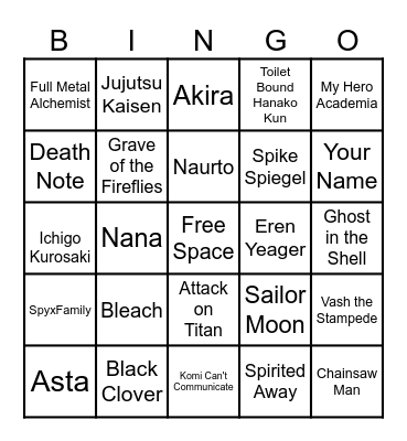 All Things Anime Bingo Card