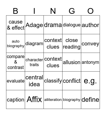 Fourth Grade Reading Bingo Card
