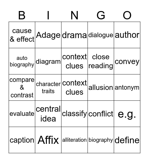 Fourth Grade Reading Bingo Card